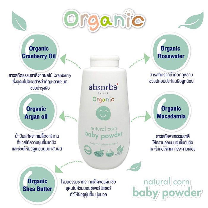 Absorba organic natural corn baby powder แป้งเด็กสูตรอ่อนโยน ช่วยบำรุงผิวให้มีความอ่อนนุ่ม ชุ่มชื้น ผิวไม่แห้งหยาบกร้าน