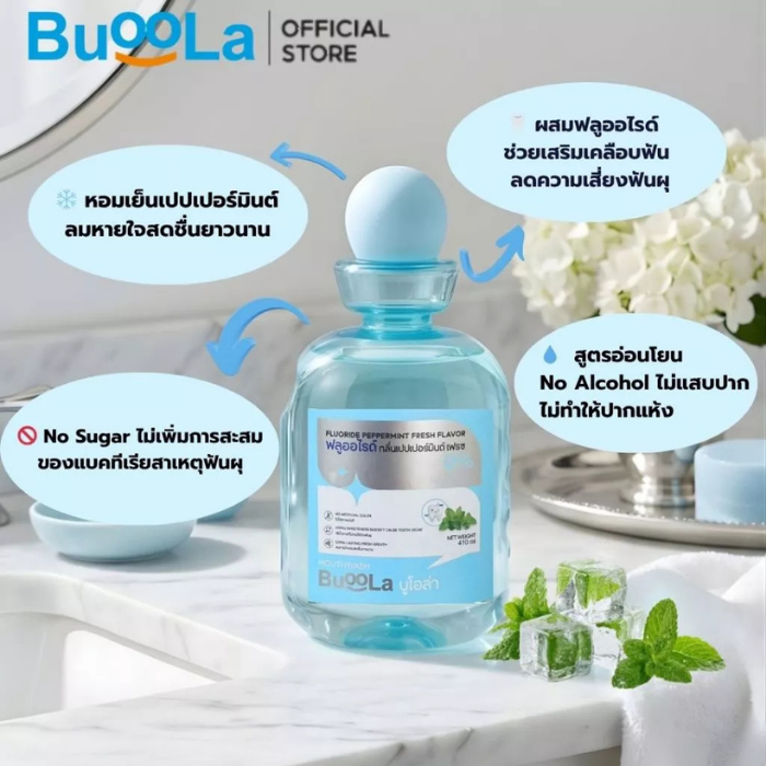 น้ำยาบ้วนปาก สูตรไม่มีแอลกอฮอล์ Buoola Mouthwash Fluoride Peppermint Fresh Flavor