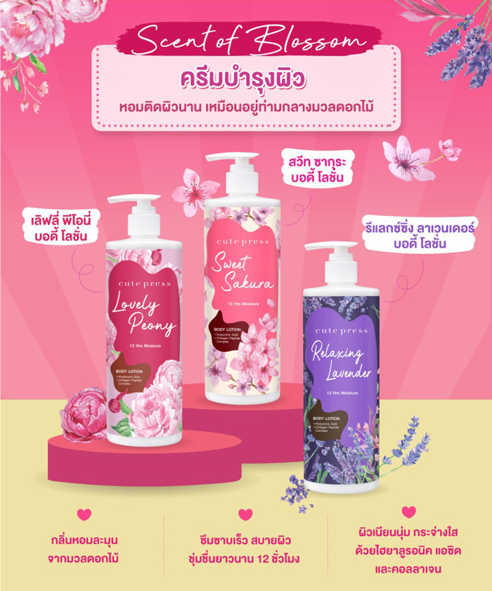 Cute Press Scent of Blossom Body Lotion โลชั่นน้ำหอม บำรุงผิวให้ดูฉ่ำโกลว์ สุขภาพดี เปล่งออร่าอย่างเป็นธรรมชาติ พร้อมกลิ่นหอมของมวลดอกไม้