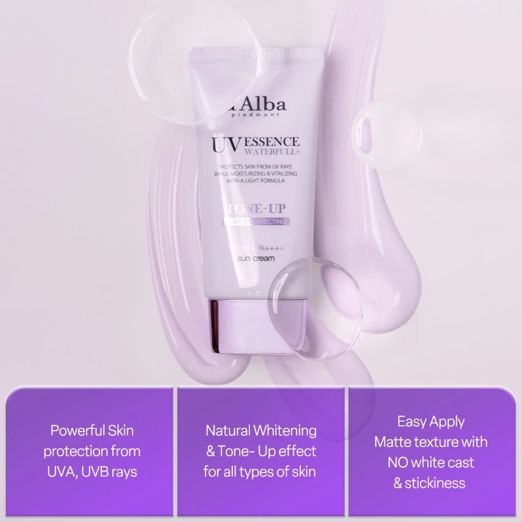 ครีมกันแดด d'Alba UV Essence Waterfull+ Tone-Up Purple Correcting Sun Cream SPF 50+ PA++++