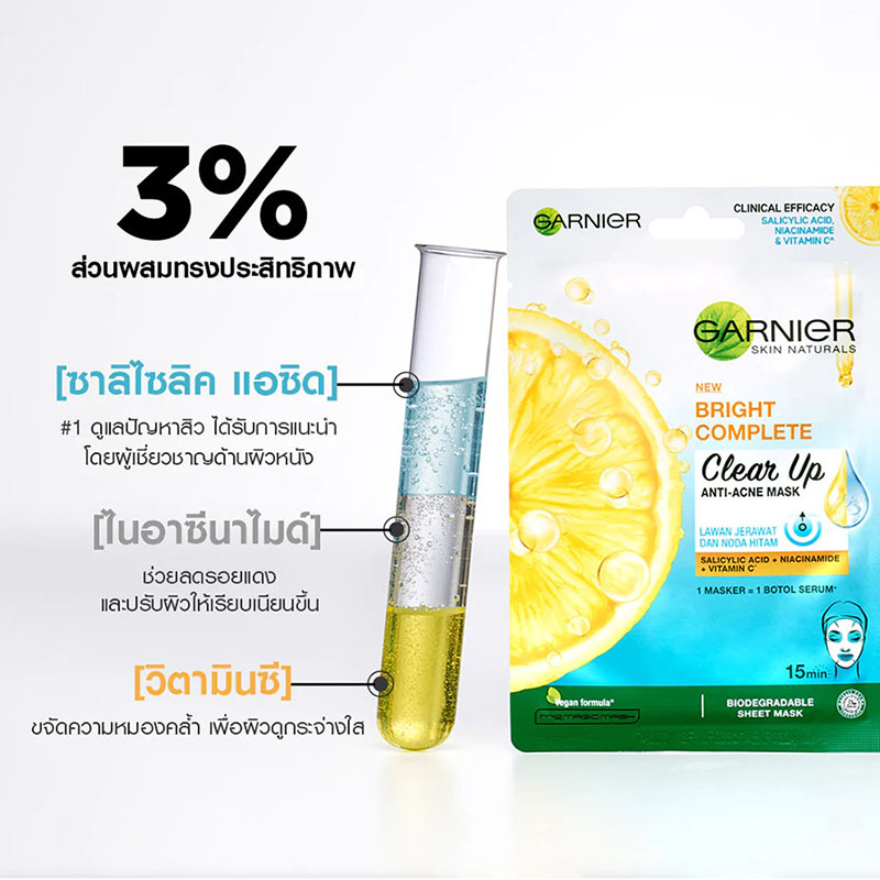 มาสก์ สำหรับคนเป็นสิว Garnier Bright Complete Clear Up Anti-Acne Mask