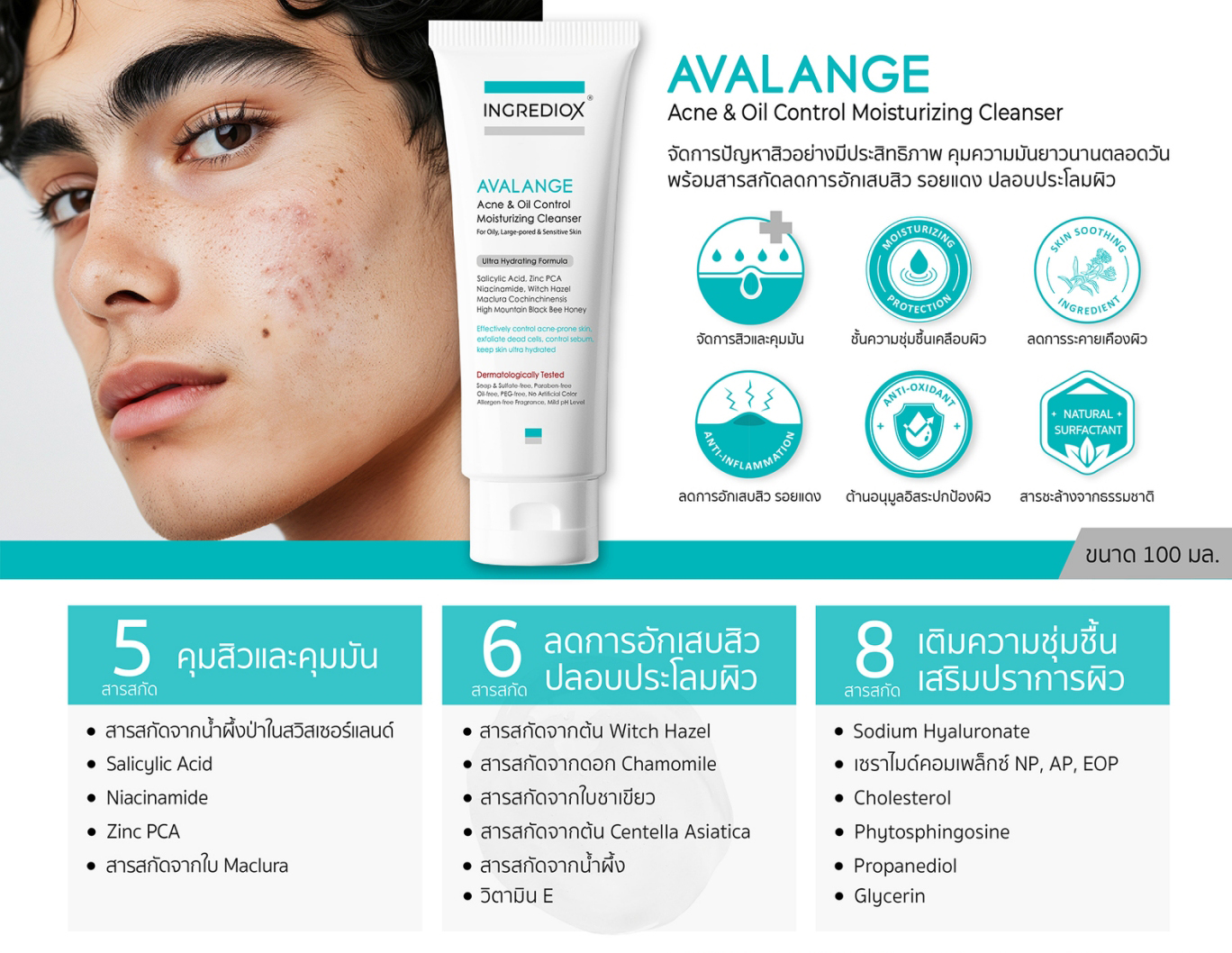 เจลล้างหน้า INGREDIOX AVALANGE Acne & Oil Control Moisturizing Cleanser