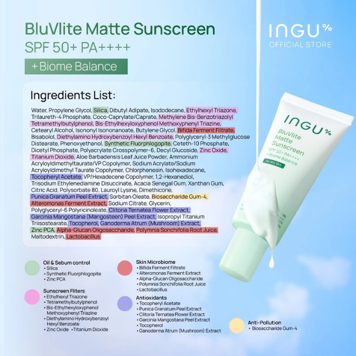 กันแดดบางเบา สูตรแมตต์ INGU BluVlite Matte Sunscreen SPF 50+ PA++++ + Biome Balance กันแดดบางเบา สูตรแมตต์ INGU BluVlite Matte Sunscreen SPF 50+ PA++++ + Biome Balance