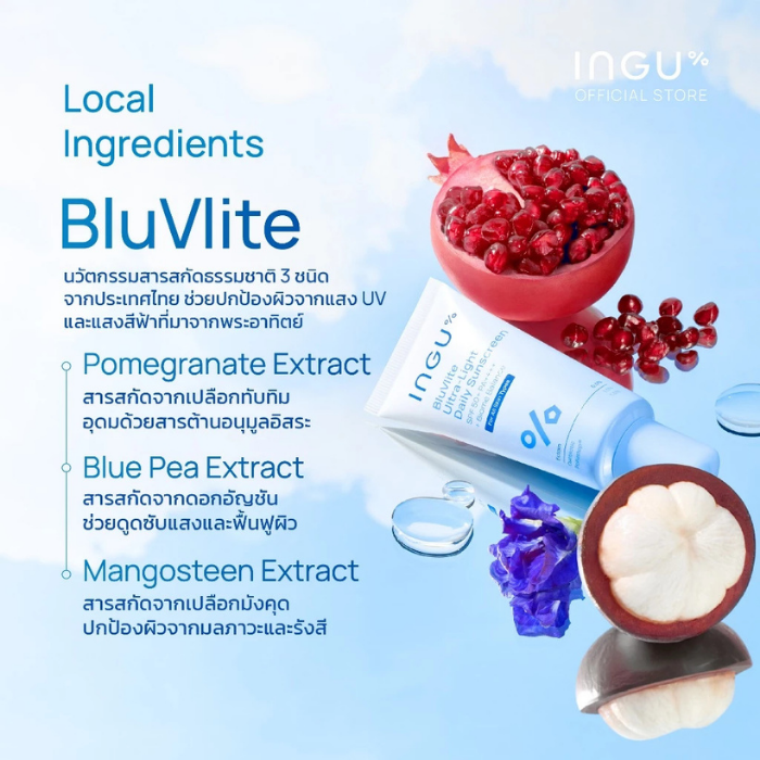 กันแดดบางเบา สูตรชุ่มชื้น INGU BluVlite Ultra-Light Daily Sunscreen SPF 50+ PA++++ + Biome Balance