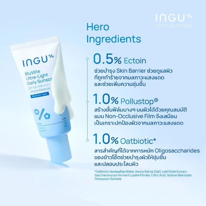 กันแดดบางเบา สูตรชุ่มชื้น INGU BluVlite Ultra-Light Daily Sunscreen SPF 50+ PA++++ + Biome Balance