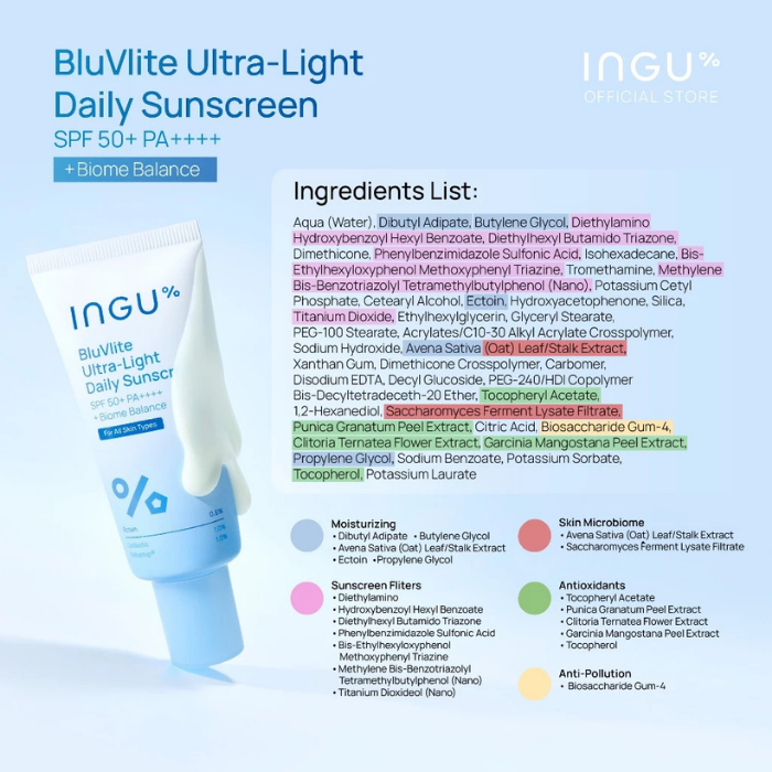 กันแดดบางเบา สูตรชุ่มชื้น INGU BluVlite Ultra-Light Daily Sunscreen SPF 50+ PA++++ + Biome Balance กันแดดบางเบา สูตรชุ่มชื้น INGU BluVlite Ultra-Light Daily Sunscreen SPF 50+ PA++++ + Biome Balance