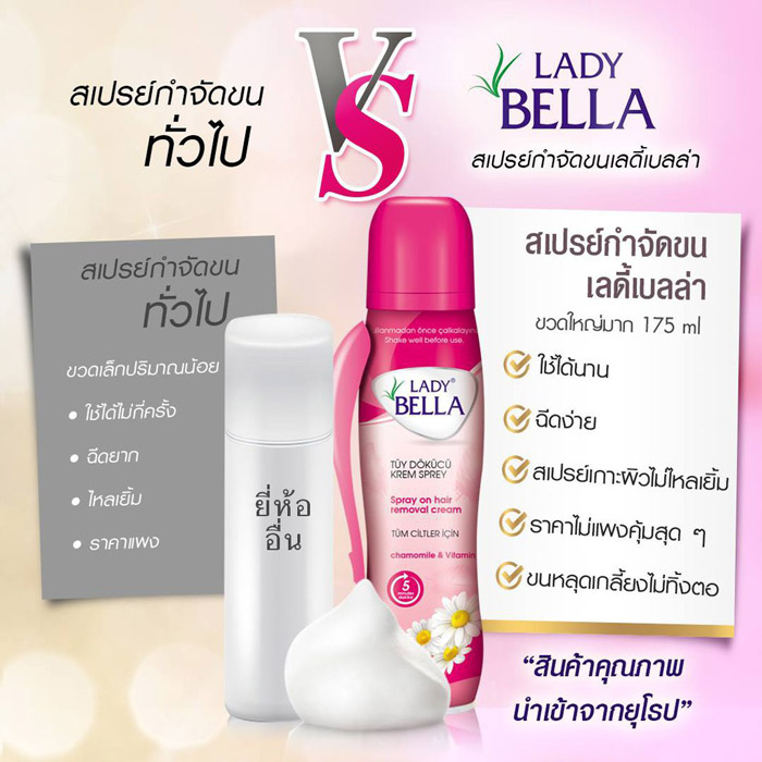 Lady Bella Hair Removal Spray สเปรย์กำจัดขน  ขนหลุดเกลี้ยงไม่ทิ้งตอ ให้ผลลัพธ์ผิวที่เนียนนุ่ม กระจ่างใสขึ้นทันทีหลังใช้