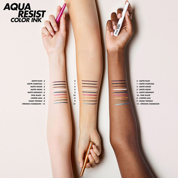 Make Up For Ever Aqua Resist Color Ink อายไลเนอร์ตัวใหม่ล่าสุด ปลายพู่กันที่เรียวและเล็ก เส้นคมชัด  มี 9 เฉดสี และ 3 เนื้อผลิตภัณฑ์ ทั้งแบบ แมตต์ เมทัลลิก และ ดูโอโครม เข้าได้กับทุกสีผิวเพื่อตอบโจทย์การแต่งหน้าทุกรูปแบบ