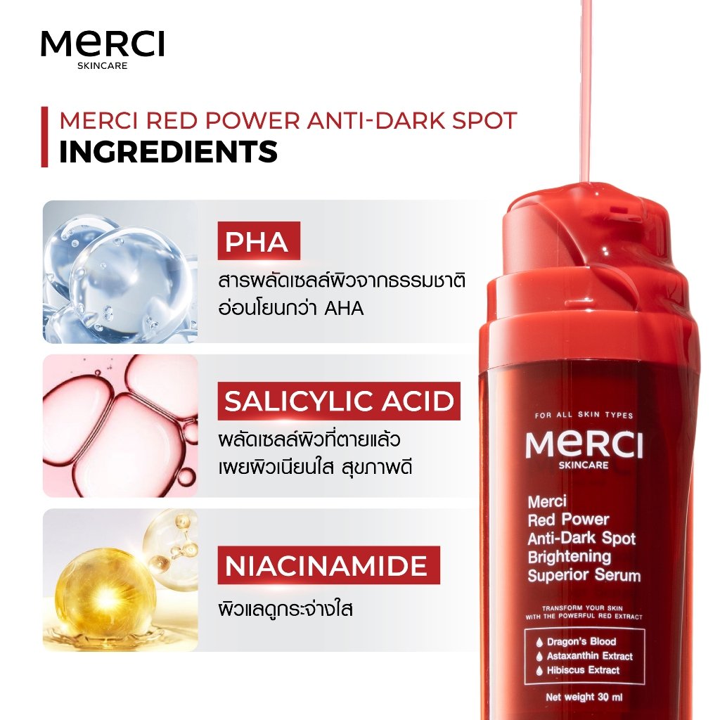 เซรั่มแก้ปัญหารอยสิว รอยดำ รอยแดง Merci Red Power Anti-Dark Spot Brightening Superior Serum