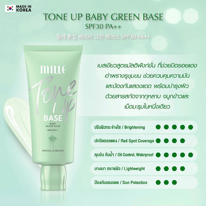 เมคอัพเบส Mille Tone Up Baby Green Base SPF30 PA++