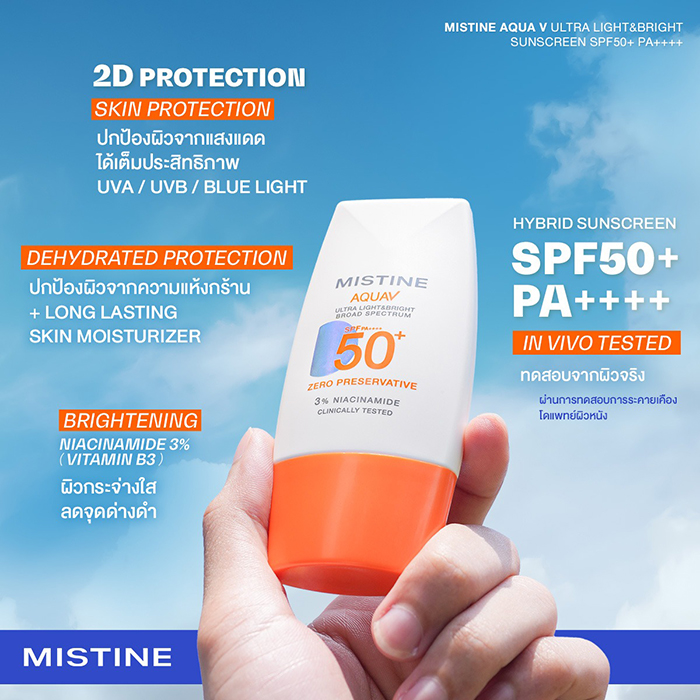 กันแดด MISTINE Aqua V Ultra Light&Bright Sunscreen SPF50+ PA++++