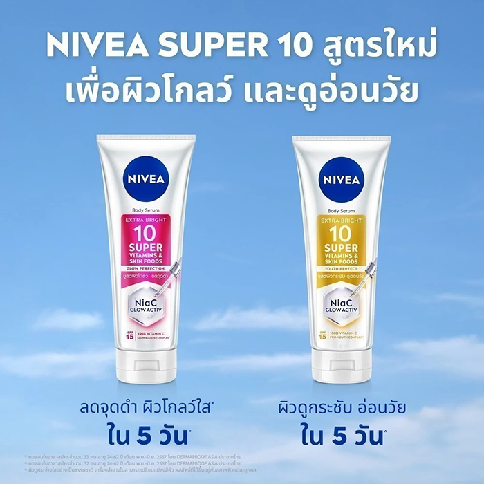 เซรั่มบำรุงผิวกาย NIVEA Body Serum Extra Bright 10 Super Vitamins Skin Foods Glow Perfection SPF15