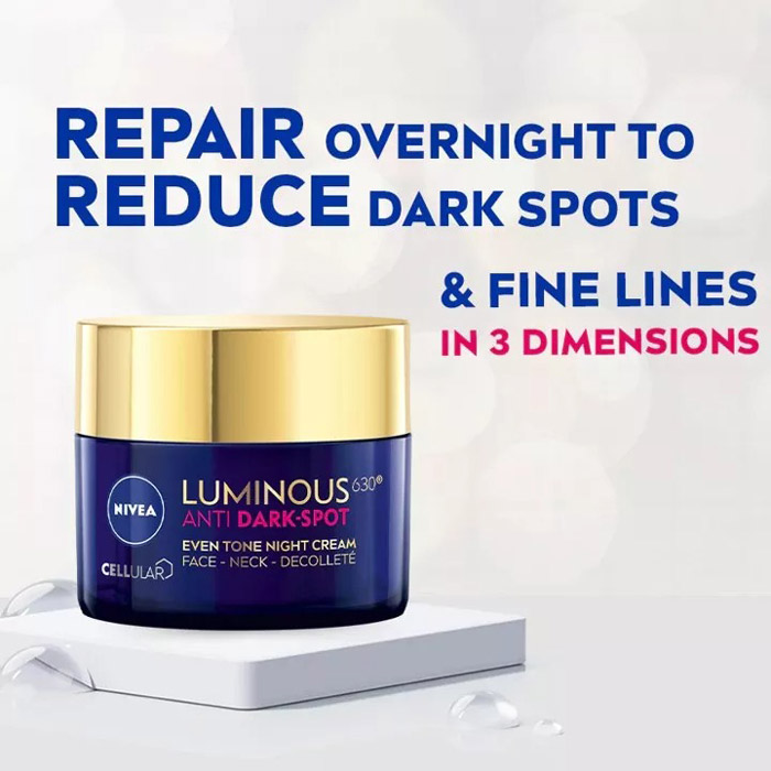 NIVEA Luminous 630 Spot Clear Night Complexion Repair  ผลิตภัณท์บำรุงผิวหน้าสำหรับกลางคืน ฟื้นบำรุงเกราะป้องกัน พร้อมลดเลือนฝ้าแดด และจุดด่างดำลึกถึงเซลล์ผิว ในช่วงกลางคืน