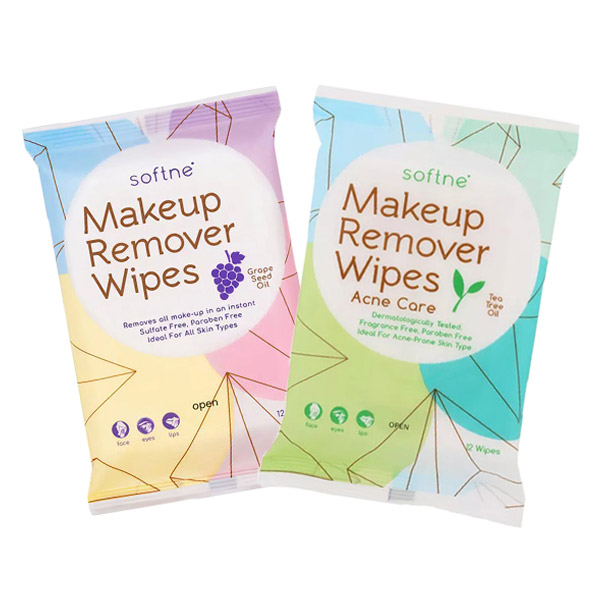 Softne Makeup Remover Wipes แผ่นเช็ดทำความสะอาดเครื่องสำอางและสิ่งสกปรกบนใบหน้า รอบดวงตา และริมฝีปากได้อย่างหมดจดในขั้นตอนเดียว มี 2 สูตร Grap Seed Oil และ Tea Tree Oil