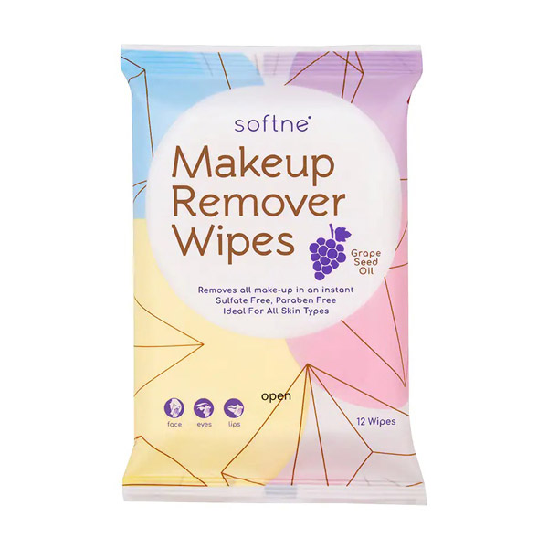  Softne Makeup Remover Wipes Grap Seed Oil แผ่นเช็ดทำความสะอาดผิวหน้า ลบเมคอัพ เติมความชุ่มชื้นให้ผิว ปลอบประโลม ไม่ทิ้งความมันไว้บนผิวหน้า