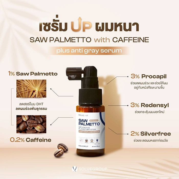 เซรั่มลดผมขาดหลุดร่วง Solve Hair H Regro Saw Palmetto With Caffeine Plus Anti Gray Serum