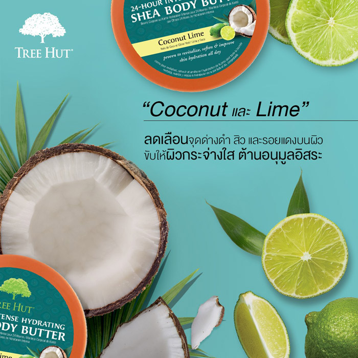 TREE HUT SHEA SUGAR SCRUB COCONUT LIME ลดเลือนจุดด่างดำ รอยดำ รอยแดง และสิวบนผิว ช่วยปรับผิวให้กระจ่างใส 