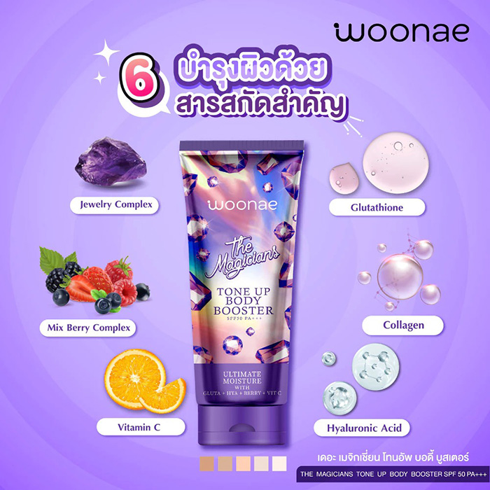 โทนอัพบำรุงผิวกาย WOONAE The Magicians Tone Up Body Booster SPF 50 PA+++ โทนอัพบำรุงผิวกาย WOONAE The Magicians Tone Up Body Booster SPF 50 PA+++