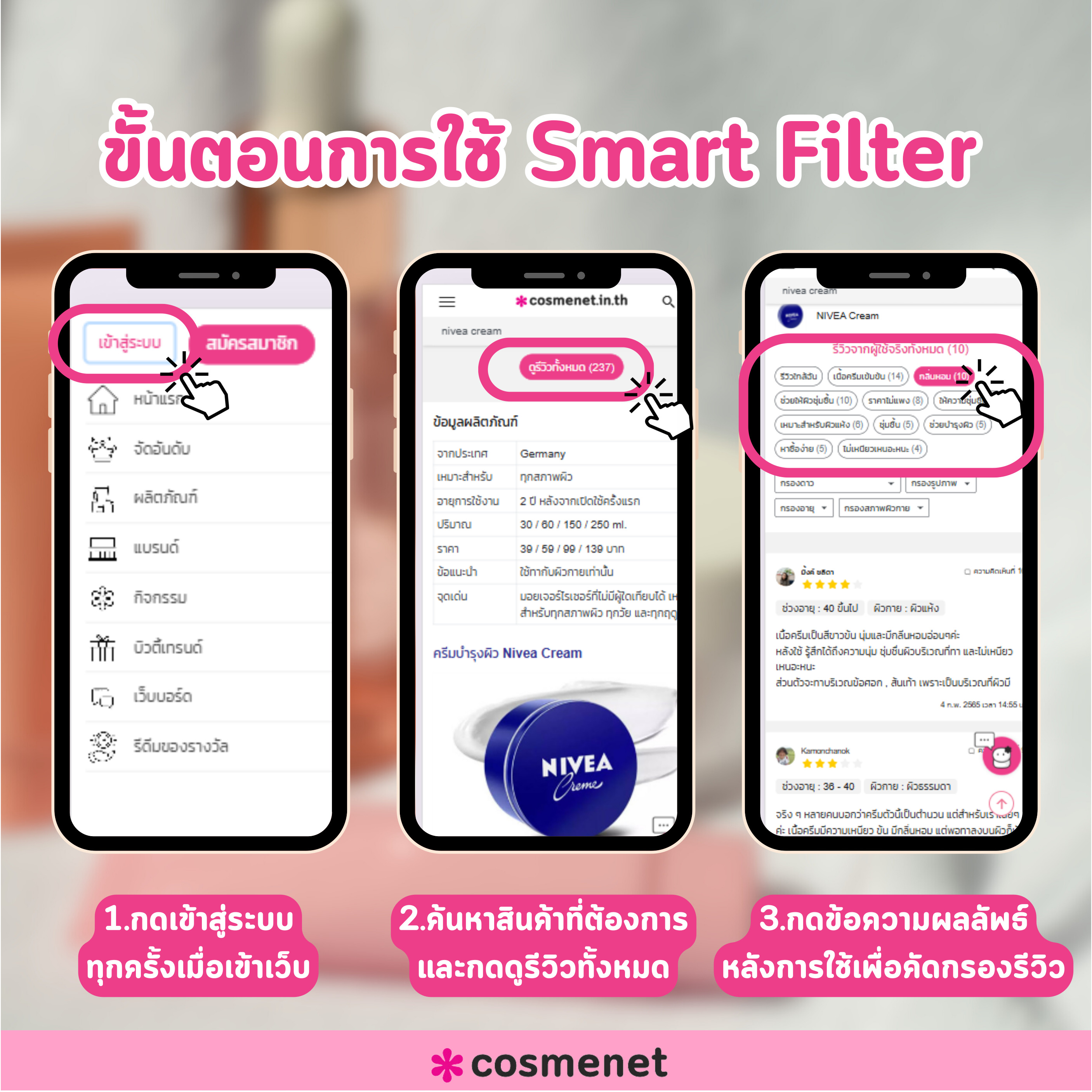 Smart Filter คัดกรองรีวิวผู้ใช้จริง Cosmenet