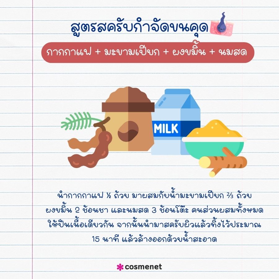 กากกาแฟ + มะขามเปียก + ผงขมิ้น + นมสด