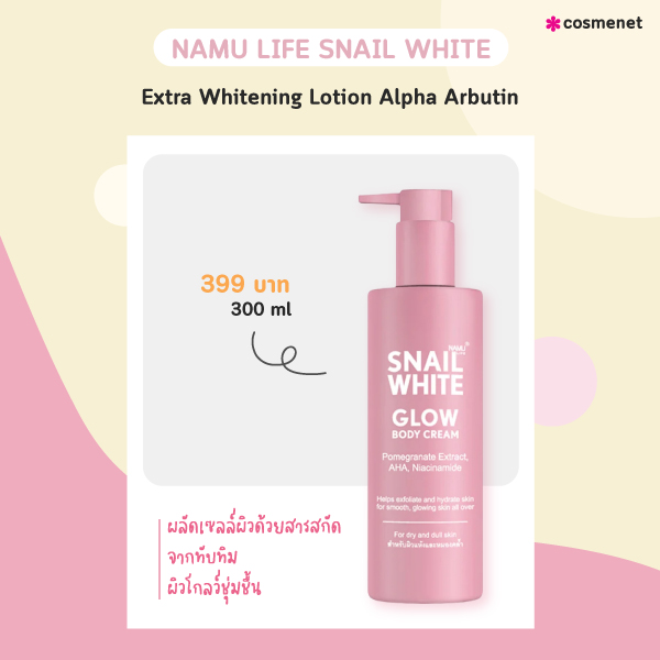 โลชั่นผิวขาวเร่งด่วน NAMU LIFE SNAILWHITE Glow Body Cream