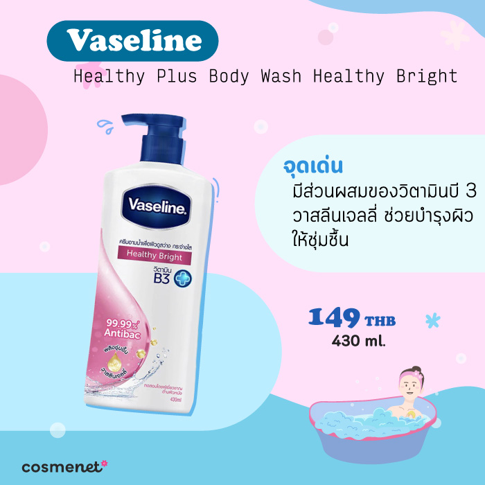 ครีมอาบน้ำผิวขาวกระจ่างใส Vaseline Healthy Plus Body Wash Healthy Bright