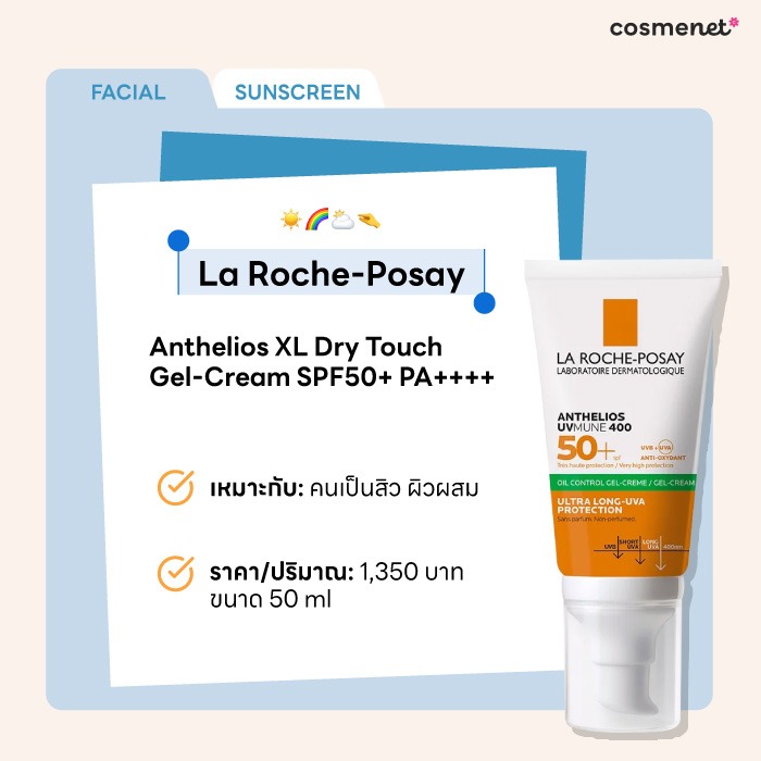 รีวิวครีมกันแดดหน้าไม่มัน La Roche-Posay Anthelios XL Dry Touch Gel-Cream SPF50+ PA++++