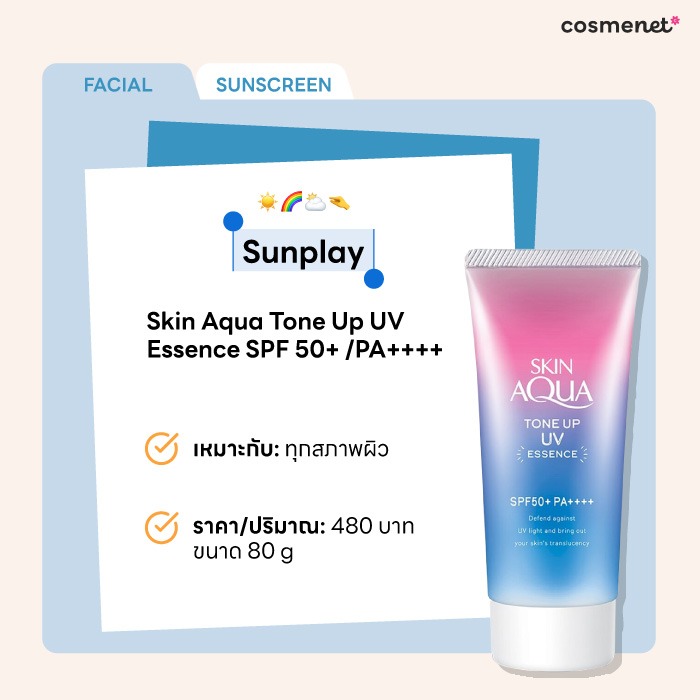 รีวิวครีมกันแดดหน้าไม่มัน Sunplay Skin Aqua Tone Up UV Essence SPF 50+ /PA++++